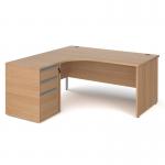 Contract 25 1600mm LH ergonomic desk with panel end legs and 600mm 3 drawer desk high pedestal with silver handles - beech