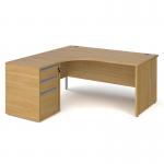 Contract 25 1600mm LH ergonomic desk with panel end legs and 600mm 3 drawer desk high pedestal with silver handles - oak