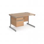 Contract 25 straight desk with 2 drawer pedestal and silver cantilever leg 1200mm x 800mm - beech top CC12S2-S-B