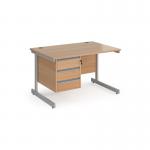 Contract 25 straight desk with 3 drawer pedestal and silver cantilever leg 1200mm x 800mm - beech top CC12S3-S-B