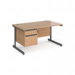 Contract 25 straight desk with 2 drawer pedestal and graphite cantilever leg 1400mm x 800mm - beech top CC14S2-G-B