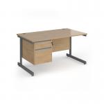 Contract 25 straight desk with 2 drawer pedestal and graphite cantilever leg 1400mm x 800mm - kendal oak top CC14S2-G-KO