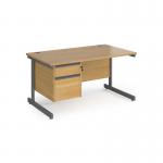 Contract 25 straight desk with 2 drawer pedestal and graphite cantilever leg 1400mm x 800mm - oak top CC14S2-G-O