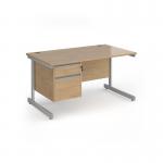 Contract 25 straight desk with 2 drawer pedestal and silver cantilever leg 1400mm x 800mm - kendal oak top CC14S2-S-KO