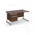 Contract 25 straight desk with 2 drawer pedestal and silver cantilever leg 1400mm x 800mm - walnut top CC14S2-S-W