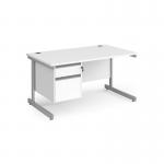 Contract 25 straight desk with 2 drawer pedestal and silver cantilever leg 1400mm x 800mm - white top CC14S2-S-WH
