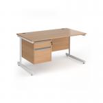 Contract 25 straight desk with 2 drawer pedestal and white cantilever leg 1400mm x 800mm - beech top CC14S2-WH-B