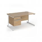 Contract 25 straight desk with 2 drawer pedestal and white cantilever leg 1400mm x 800mm - kendal oak top CC14S2-WH-KO