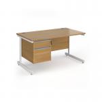 Contract 25 straight desk with 2 drawer pedestal and white cantilever leg 1400mm x 800mm - oak top CC14S2-WH-O