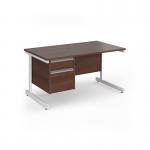 Contract 25 straight desk with 2 drawer pedestal and white cantilever leg 1400mm x 800mm - walnut top CC14S2-WH-W