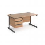 Contract 25 straight desk with 3 drawer pedestal and graphite cantilever leg 1400mm x 800mm - beech top CC14S3-G-B