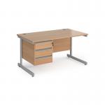 Contract 25 straight desk with 3 drawer pedestal and silver cantilever leg 1400mm x 800mm - beech top CC14S3-S-B