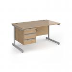 Contract 25 straight desk with 3 drawer pedestal and silver cantilever leg 1400mm x 800mm - kendal oak top CC14S3-S-KO