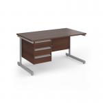 Contract 25 straight desk with 3 drawer pedestal and silver cantilever leg 1400mm x 800mm - walnut top CC14S3-S-W