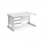 Contract 25 straight desk with 3 drawer pedestal and silver cantilever leg 1400mm x 800mm - white top CC14S3-S-WH