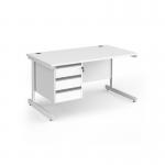 Contract 25 straight desk with 3 drawer pedestal and white cantilever leg 1400mm x 800mm - white top CC14S3-WH-WH