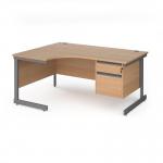 Contract 25 left hand ergonomic desk with 2 drawer pedestal and graphite cantilever leg 1600mm - beech top