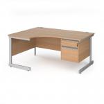 Contract 25 left hand ergonomic desk with 2 drawer pedestal and silver cantilever leg 1600mm - beech top CC16EL2-S-B