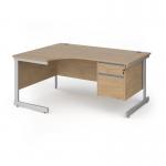 Contract 25 left hand ergonomic desk with 2 drawer pedestal and silver cantilever leg 1600mm - kendal oak top CC16EL2-S-KO