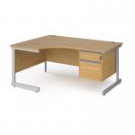 Contract 25 left hand ergonomic desk with 2 drawer pedestal and silver cantilever leg 1600mm - oak top