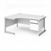 Contract 25 left hand ergonomic desk with 2 drawer pedestal and silver cantilever leg 1600mm - white top CC16EL2-S-WH