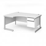 Contract 25 left hand ergonomic desk with 2 drawer pedestal and silver cantilever leg 1600mm - white top
