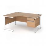 Contract 25 left hand ergonomic desk with 2 drawer pedestal and white cantilever leg 1600mm - beech top CC16EL2-WH-B