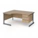 Contract 25 left hand ergonomic desk with 3 drawer pedestal and graphite cantilever leg 1600mm - kendal oak top CC16EL3-G-KO