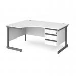 Contract 25 left hand ergonomic desk with 3 drawer pedestal and graphite cantilever leg 1600mm - white top CC16EL3-G-WH