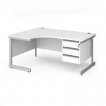 Contract 25 left hand ergonomic desk with 3 drawer pedestal and silver cantilever leg 1600mm - white top CC16EL3-S-WH