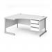 Contract 25 left hand ergonomic desk with 3 drawer pedestal and silver cantilever leg 1600mm - white top CC16EL3-S-WH