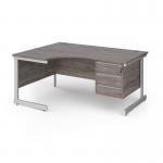 Contract 25 left hand ergonomic desk with 3 drawer pedestal and white cantilever leg 1600mm - grey oak top CC16EL3-WH-GO