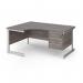 Contract 25 left hand ergonomic desk with 3 drawer pedestal and white cantilever leg 1600mm - grey oak top CC16EL3-WH-GO