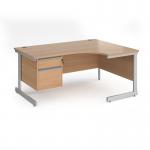 Contract 25 right hand ergonomic desk with 2 drawer pedestal and silver cantilever leg 1600mm - beech top CC16ER2-S-B