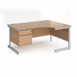 Contract 25 right hand ergonomic desk with 2 drawer pedestal and silver cantilever leg 1600mm - beech top CC16ER2-S-B