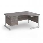 Contract 25 right hand ergonomic desk with 2 drawer pedestal and silver cantilever leg 1600mm - grey oak top CC16ER2-S-GO