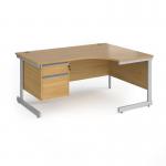 Contract 25 right hand ergonomic desk with 2 drawer pedestal and silver cantilever leg 1600mm - oak top CC16ER2-S-O