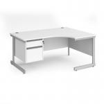 Contract 25 right hand ergonomic desk with 2 drawer pedestal and silver cantilever leg 1600mm - white top CC16ER2-S-WH