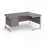 Contract 25 right hand ergonomic desk with 2 drawer pedestal and white cantilever leg 1600mm - grey oak top CC16ER2-WH-GO