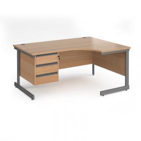 Contract 25 right hand ergonomic desk with 3 drawer pedestal and graphite cantilever leg 1600mm - beech top CC16ER3-G-B