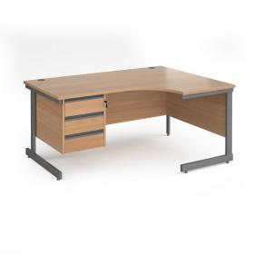 Contract 25 right hand ergonomic desk with 3 drawer pedestal and graphite cantilever leg 1600mm - beech top CC16ER3-G-B