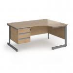 Contract 25 right hand ergonomic desk with 3 drawer pedestal and graphite cantilever leg 1600mm - kendal oak top CC16ER3-G-KO