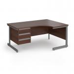 Contract 25 right hand ergonomic desk with 3 drawer pedestal and graphite cantilever leg 1600mm - walnut top CC16ER3-G-W
