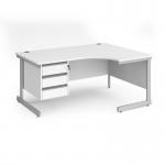 Contract 25 right hand ergonomic desk with 3 drawer pedestal and silver cantilever leg 1600mm - white top CC16ER3-S-WH