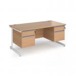 Contract 25 straight desk with 2 and 2 drawer pedestals and white cantilever leg 1600mm x 800mm - beech top CC16S22-WH-B