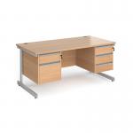 Contract 25 straight desk with 2 and 3 drawer pedestals and silver cantilever leg 1600mm x 800mm - beech top CC16S23-S-B
