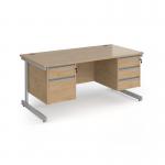 Contract 25 straight desk with 2 and 3 drawer pedestals and silver cantilever leg 1600mm x 800mm - kendal oak top CC16S23-S-KO