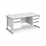 Contract 25 straight desk with 2 and 3 drawer pedestals and silver cantilever leg 1600mm x 800mm - white top CC16S23-S-WH