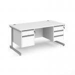 Contract 25 straight desk with 2 and 3 drawer pedestals and silver cantilever leg 1600mm x 800mm - white top CC16S23-S-WH