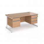 Contract 25 straight desk with 2 and 3 drawer pedestals and white cantilever leg 1600mm x 800mm - beech top CC16S23-WH-B